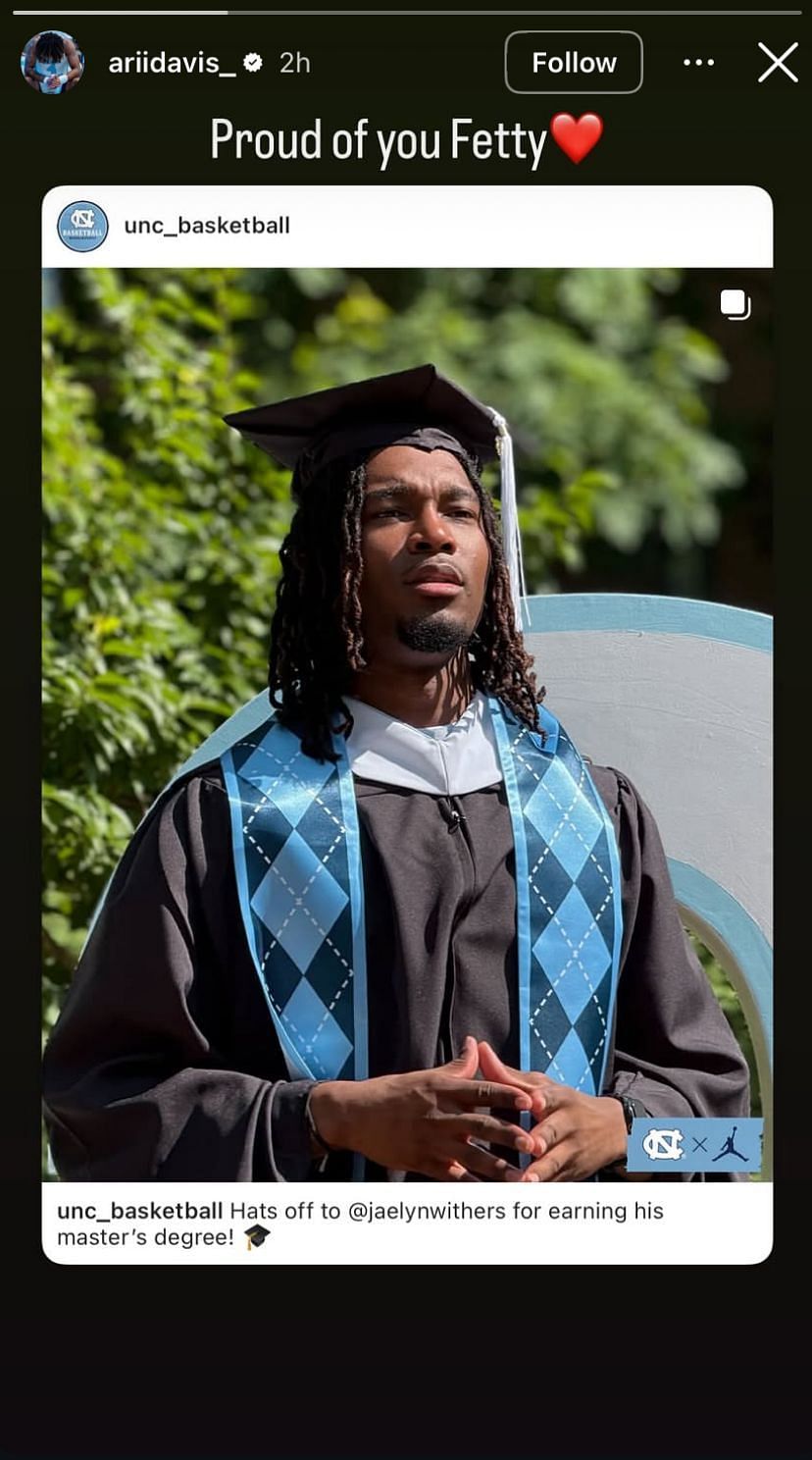 RJ Davis drops 3-word reaction for teammate Jae'Lyn Withers earning his master's degree from UNC - Image source: Instagram/ariidavis_
